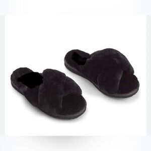UGG Plush Crossband Slide Slippers in Black